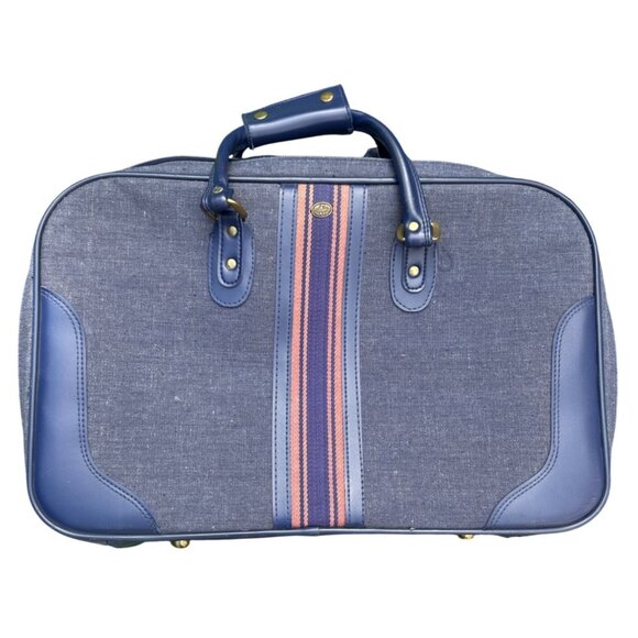 Vintage Atlantic Carry-On Travel Bag With Blue & Pink Striped Accent - Picture 1 of 10